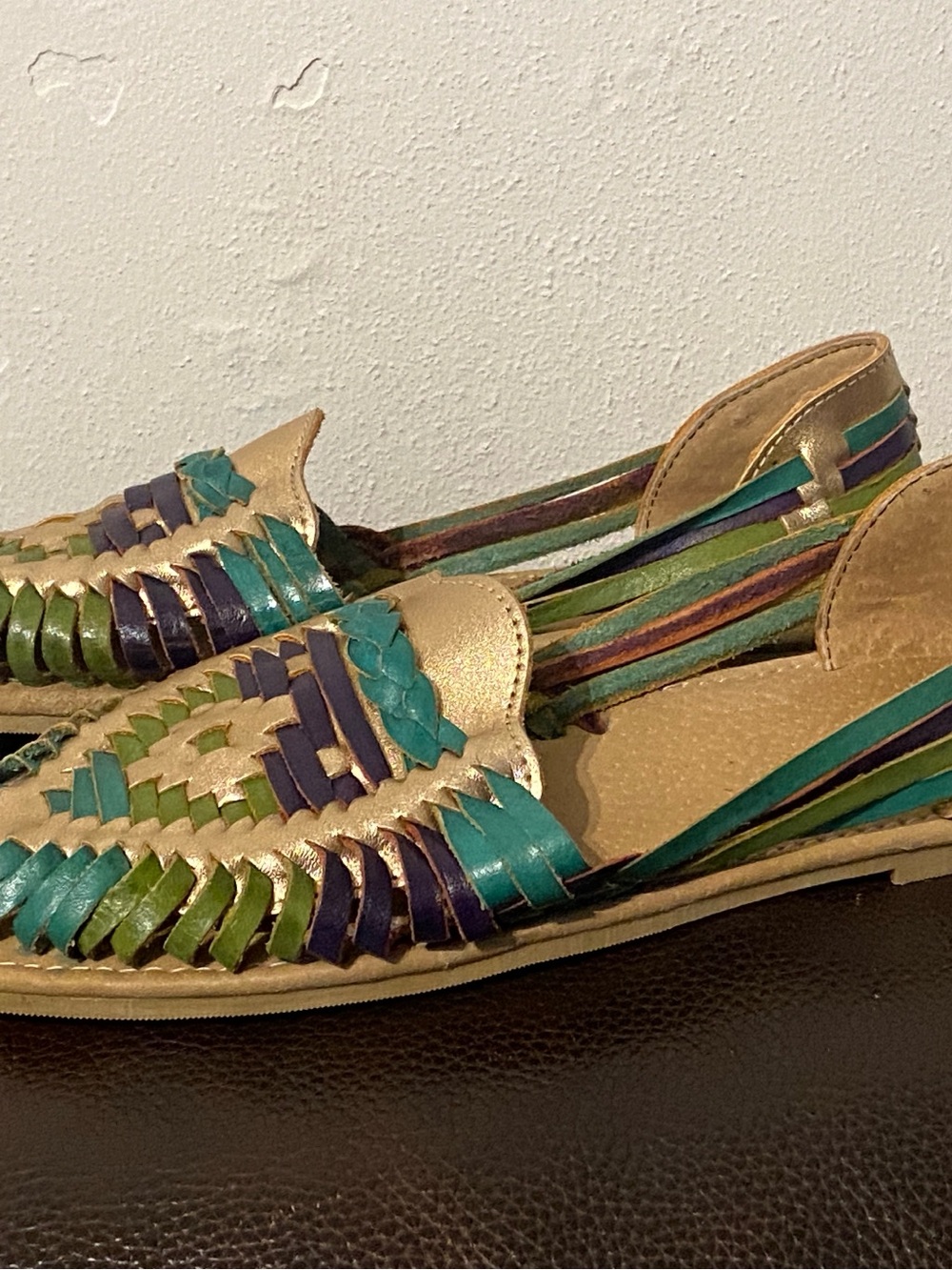 Woven Leather Huarache Flats in Teal, Green Navy & Rose Gold